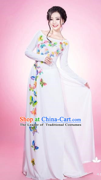 Traditional Top Grade Asian Vietnamese Costumes Classical Printing Butterfly Full Dress and Loose Pants, Vietnam National Ao Dai Dress White Qipao for Women