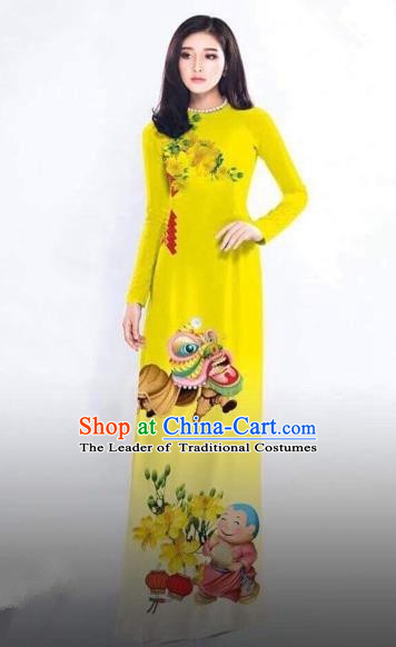 Traditional Top Grade Asian Vietnamese Costumes Classical Printing New Year Full Dress, Vietnam National Ao Dai Dress Catwalks Debutante Yellow Qipao for Women
