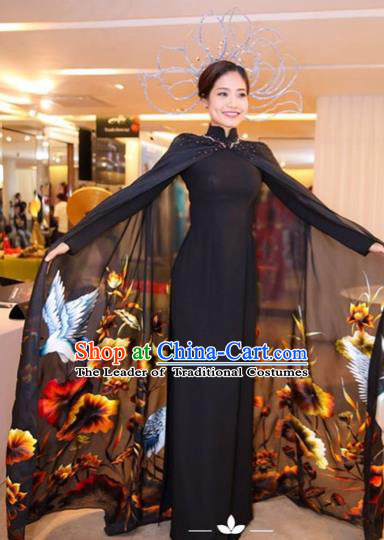 Traditional Top Grade Asian Vietnamese Costumes Classical Printing Full Dress with Cloak, Vietnam National Ao Dai Dress Catwalks Debutante Black Qipao for Women