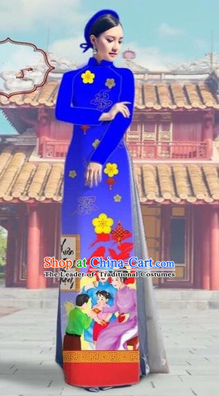 Traditional Top Grade Asian Vietnamese Costumes Classical Printing Royalblue Full Dress, Vietnam National Ao Dai Dress Catwalks Debutante Happy New Year Qipao for Women