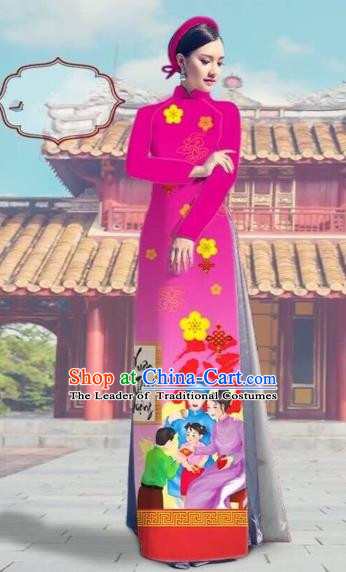 Traditional Top Grade Asian Vietnamese Costumes Classical Printing Pink Full Dress, Vietnam National Ao Dai Dress Catwalks Debutante Happy New Year Qipao for Women