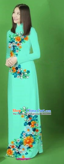 Traditional Top Grade Asian Vietnamese Costumes Classical Printing Flower Full Dress, Vietnam National Ao Dai Dress Blue Cheongsam for Women