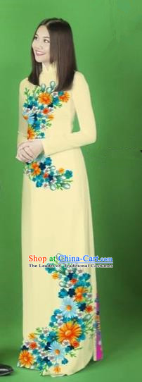 Traditional Top Grade Asian Vietnamese Costumes Classical Printing Flower Full Dress, Vietnam National Ao Dai Dress Light Yellow Cheongsam for Women