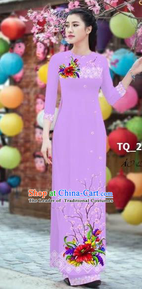 Traditional Top Grade Asian Vietnamese Costumes Classical 3D Printing Bride Full Dress, Vietnam National Ao Dai Dress Purple Cheongsam for Women