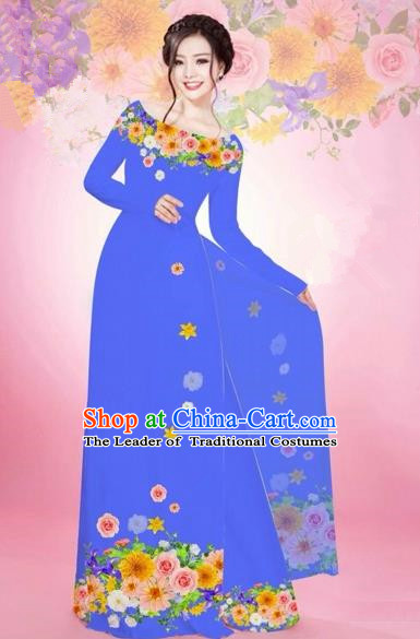 Traditional Top Grade Asian Vietnamese Costumes Classical Printing Flowers Bride Off Shoulder Full Dress, Vietnam National Ao Dai Dress Blue Chiffon Cheongsam for Women