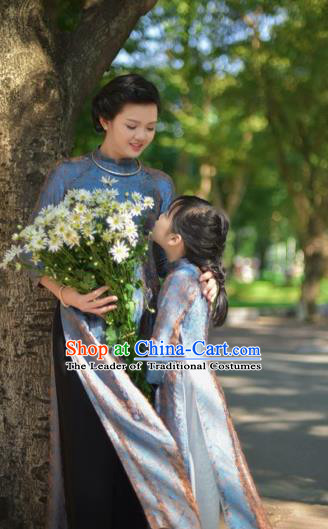 Traditional Top Grade Asian Vietnamese Costumes Classical Grey Full Dress, Vietnam National Ao Dai Dress Mother-daughter Qipao for Women for Kids