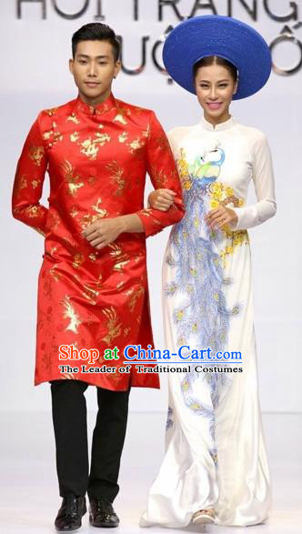 Traditional Top Grade Asian Vietnamese Costumes Classical Wedding Bride Full Dress, Vietnam National Ao Dai Dress Catwalks Debutante Qipao for Women
