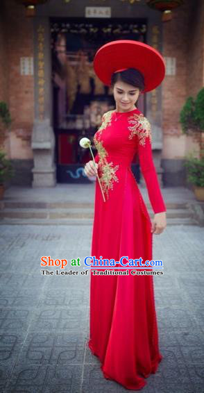 Traditional Top Grade Asian Vietnamese Costumes Classical Wedding Bride Full Dress, Vietnam National Ao Dai Dress Catwalks Debutante Red Qipao for Women
