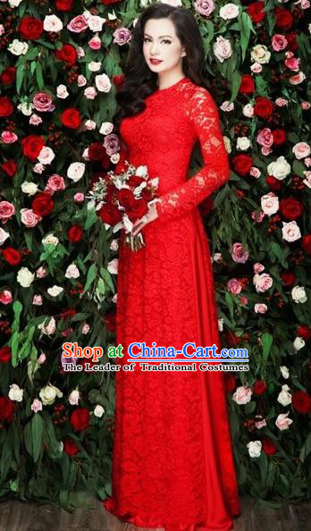 Traditional Top Grade Asian Vietnamese Costumes Classical Bride Toast Full Dress, Vietnam National Ao Dai Dress Red Lace Cheongsam for Women
