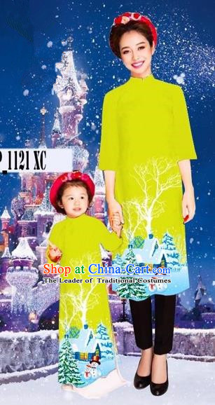 Traditional Top Grade Asian Vietnamese Costumes Classical Printing Christmas Kelly Full Dress, Vietnam National Ao Dai Dress Mother-daughter Cheongsam for Women for Kids