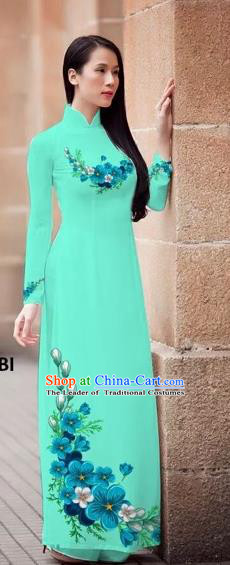 Traditional Top Grade Asian Vietnamese Costumes Classical Princess Printing Flowers Cheongsam, Vietnam National Ao Dai Dress Light Blue Full Dress for Women