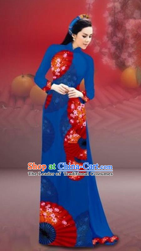 Traditional Top Grade Asian Vietnamese Costumes Classical New Year Printing Cheongsam, Vietnam National Navy Ao Dai Dress for Women