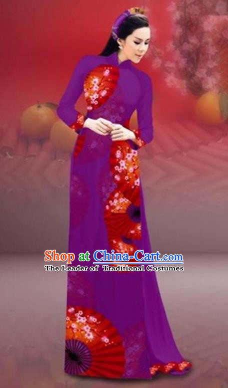 Traditional Top Grade Asian Vietnamese Costumes Classical New Year Printing Cheongsam, Vietnam National Amaranth Ao Dai Dress for Women
