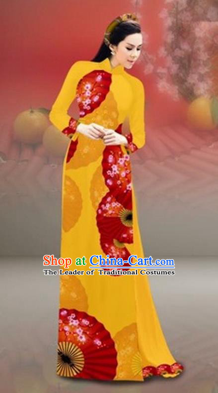 Traditional Top Grade Asian Vietnamese Costumes Classical New Year Printing Cheongsam, Vietnam National Bright Yellow Ao Dai Dress for Women