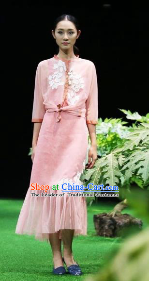 Traditional Top Grade Asian Vietnamese Costumes Classical Embroidery Cheongsam, Vietnam National Wedding Bride Pink Ao Dai Dress for Women