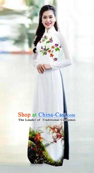 Traditional Top Grade Asian Vietnamese Costumes Classical Printing Bride Toast Cheongsam, Vietnam National Princess White Ao Dai Dress for Women