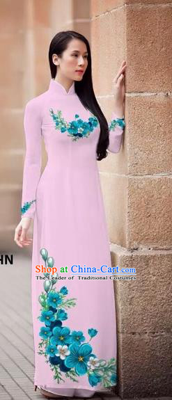 Traditional Top Grade Asian Vietnamese Costumes Classical Princess Printing Flowers Cheongsam, Vietnam National Ao Dai Dress Pink Full Dress for Women