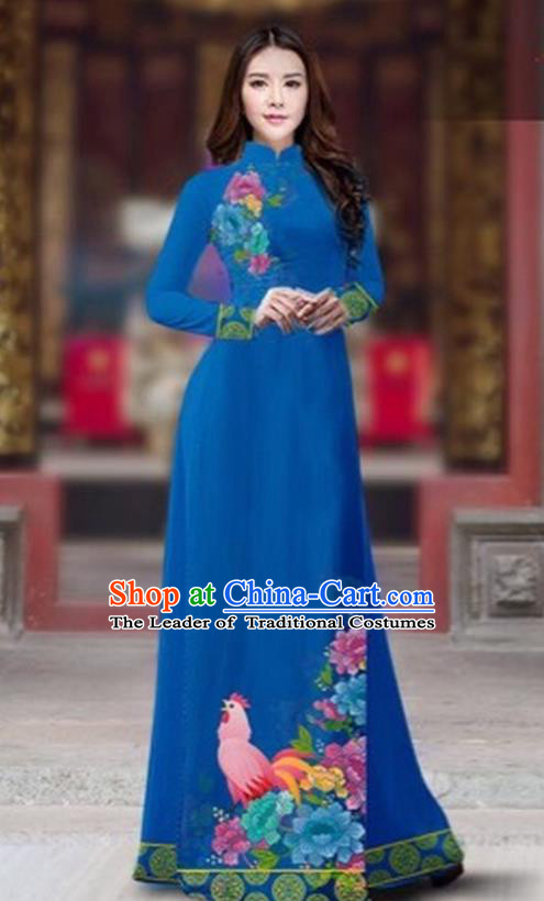 Traditional Top Grade Asian Vietnamese Costumes Classical Rooster Year Cheongsam, Vietnam National Ao Dai Dress Princess Peacock Blue Full Dress for Women