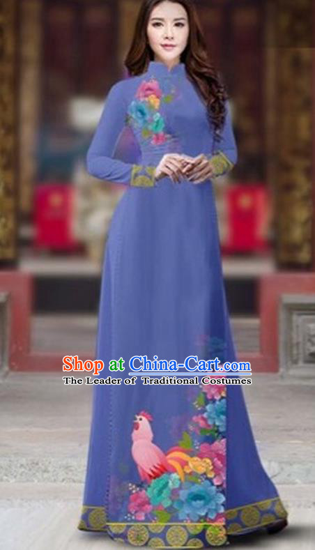 Traditional Top Grade Asian Vietnamese Costumes Classical Rooster Year Cheongsam, Vietnam National Ao Dai Dress Princess Dusty Blue Full Dress for Women