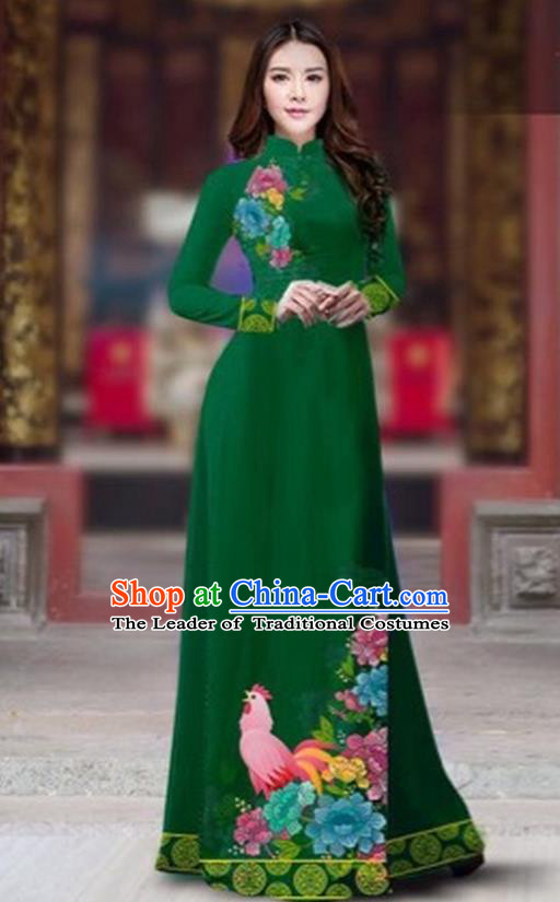 Traditional Top Grade Asian Vietnamese Costumes Classical Rooster Year Cheongsam, Vietnam National Ao Dai Dress Princess Deep Green Full Dress for Women