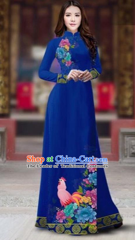 Traditional Top Grade Asian Vietnamese Costumes Classical Rooster Year Cheongsam, Vietnam National Ao Dai Dress Princess Blue Full Dress for Women