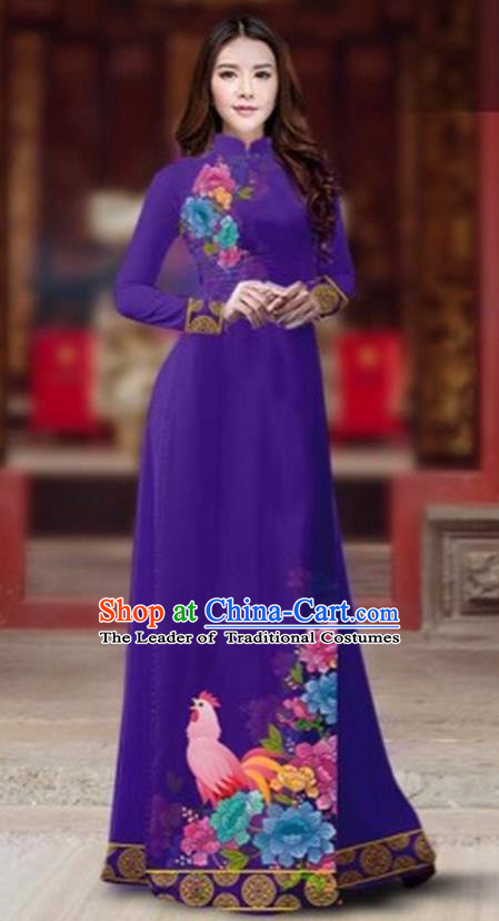 Traditional Top Grade Asian Vietnamese Costumes Classical Rooster Year Cheongsam, Vietnam National Ao Dai Dress Princess Purple Full Dress for Women