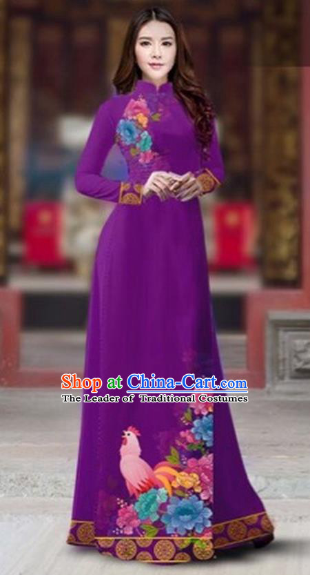 Traditional Top Grade Asian Vietnamese Costumes Classical Rooster Year Cheongsam, Vietnam National Ao Dai Dress Princess Violet Full Dress for Women