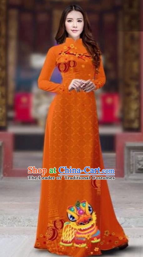 Traditional Top Grade Asian Vietnamese Costumes Classical Printing New Year Cheongsam, Vietnam National Ao Dai Dress Princess Orange Full Dress for Women