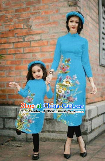 Traditional Top Grade Asian Vietnamese Costumes Classical Printing Daisy Flowers Blue Cheongsam, Vietnam National Mother-daughter Ao Dai Dress for Women for Kids