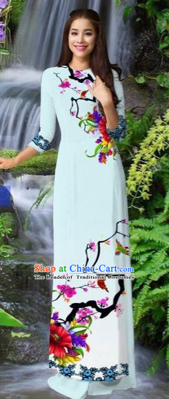 Traditional Top Grade Asian Vietnamese Costumes Classical Light Blue Cheongsam, Vietnam National Printing Ao Dai Dress for Women