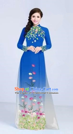Traditional Top Grade Asian Vietnamese Costumes Classical Painting Flowers Cheongsam, Vietnam National Vietnamese Young Lady Blue Ao Dai Dress