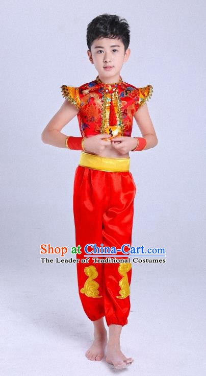 Traditional Chinese Classical Dance Yangge Fan Dance Costume, Children Folk Dance Drum Dance Uniform Yangko Red Clothing for Boys Kids