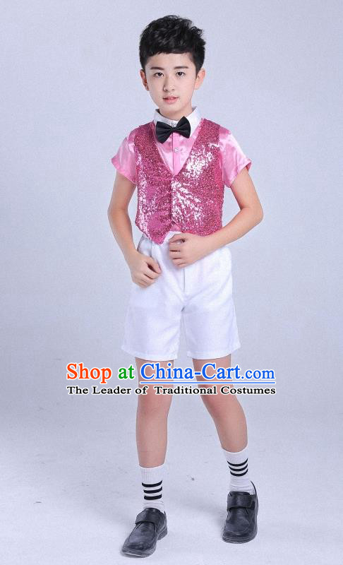 Top Grade Professional Performance Catwalks Costume, Children Chorus Clothing Modern Dance Pink Uniforms for Boys Kids