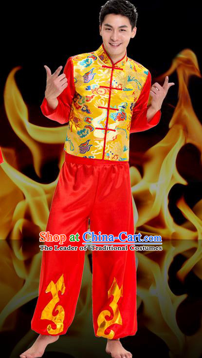 Traditional Chinese Classical Dance Yangge Fan Dance Costume, Folk Dance Drum Dance Uniform Yangko Long Sleeve Clothing Complete Set for Men
