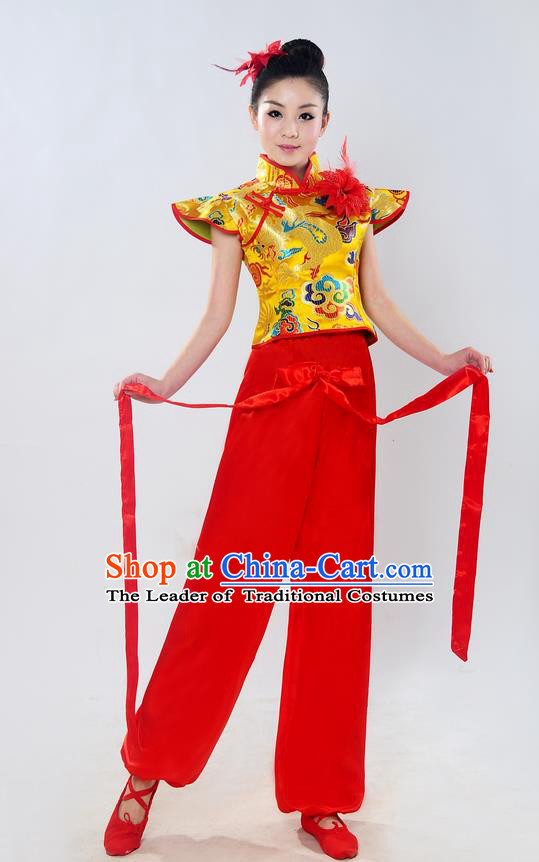 Traditional Chinese Classical Dance Yangge Fan Dance Costume, Folk Dance Drum Dance Uniform Yangko Sleeveless Clothing Complete Set for Women