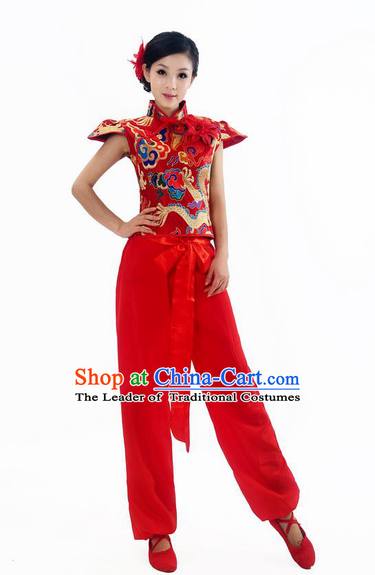 Traditional Chinese Classical Dance Yangge Fan Dance Costume, Folk Dance Drum Dance Red Uniform Yangko Sleeveless Clothing Complete Set for Women