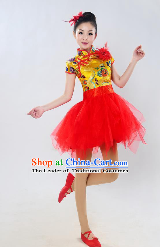 Traditional Chinese Classical Dance Yangge Fan Dance Costume, Folk Dance Drum Dance Uniform Yangko Golden Bubble Dress for Women