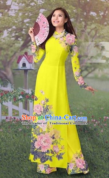Traditional Top Grade Asian Vietnamese Costumes Classical Painting Cheongsam, Vietnam National Vietnamese Young Lady Ao Dai Dress and Loose Pants