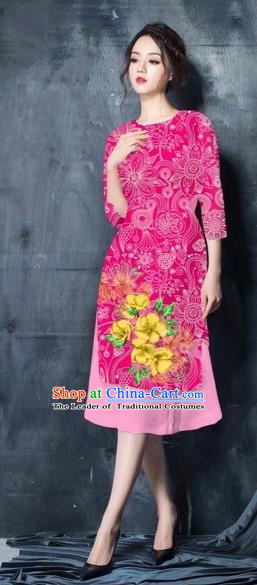 Traditional Top Grade Asian Vietnamese Costumes Classical Painting Short Pink Cheongsam, Vietnam National Vietnamese Young Lady Bride Wedding Ao Dai Dress