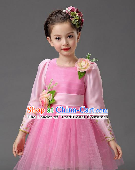 Top Grade Professional Performance Catwalks Costume, Children Chorus Compere Full Dress Modern Dance Little Princess Pink Veil Bubble Dress for Girls Kids