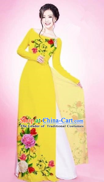 Traditional Top Grade Asian Vietnamese Costumes Classical Painting Flowers Yellow Cheongsam, Vietnam National Vietnamese Young Lady Bride Wedding Round Collar Ao Dai Dress