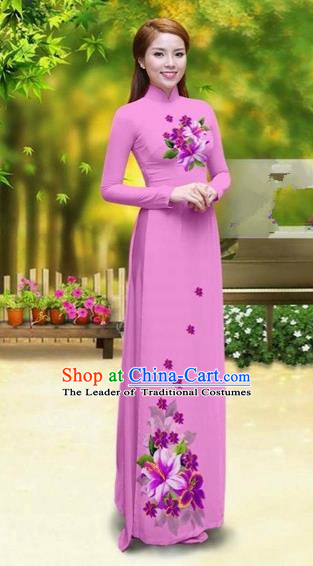 Traditional Top Grade Asian Vietnamese Costumes Classical Printing Greenish Lily Flower Cheongsam, Vietnam National Vietnamese Young Lady Pink Chiffon Ao Dai Dress