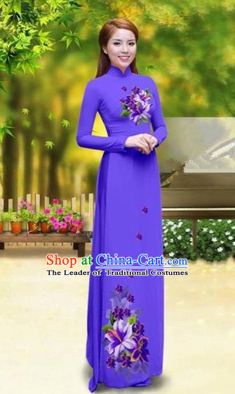 Traditional Top Grade Asian Vietnamese Costumes Classical Printing Greenish Lily Flower Cheongsam, Vietnam National Vietnamese Young Lady Pinkish Purple Chiffon Ao Dai Dress