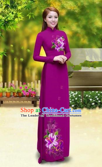 Traditional Top Grade Asian Vietnamese Costumes Classical Printing Greenish Lily Flower Cheongsam, Vietnam National Vietnamese Young Lady Amaranth Chiffon Ao Dai Dress