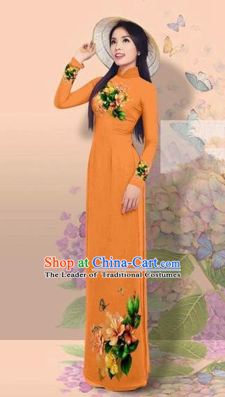 Traditional Top Grade Asian Vietnamese Costumes Classical 3D Printing Cheongsam, Vietnam National Vietnamese Young Lady Miss Etiquette Orange Ao Dai Dress