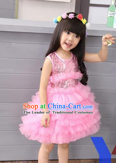 Top Grade Professional Compere Modern Dance Costume, Children Opening Dance Chorus Uniforms Paillette Pink Bubble Dress for Girls