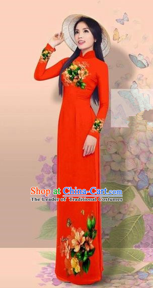 Traditional Top Grade Asian Vietnamese Costumes Classical 3D Printing Cheongsam, Vietnam National Vietnamese Young Lady Miss Etiquette Red Ao Dai Dress