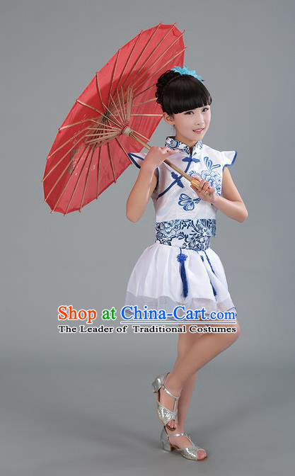 Top Grade Professional Compere Modern Dance Costume, Children Opening Dance Chorus Uniforms Blue and White Porcelain Bubble Dress for Girls