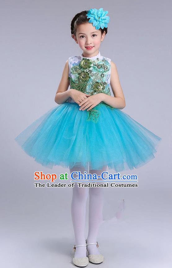 Top Grade Professional Compere Modern Dance Costume, Children Opening Dance Chorus Uniforms Blue Bubble Dress for Girls