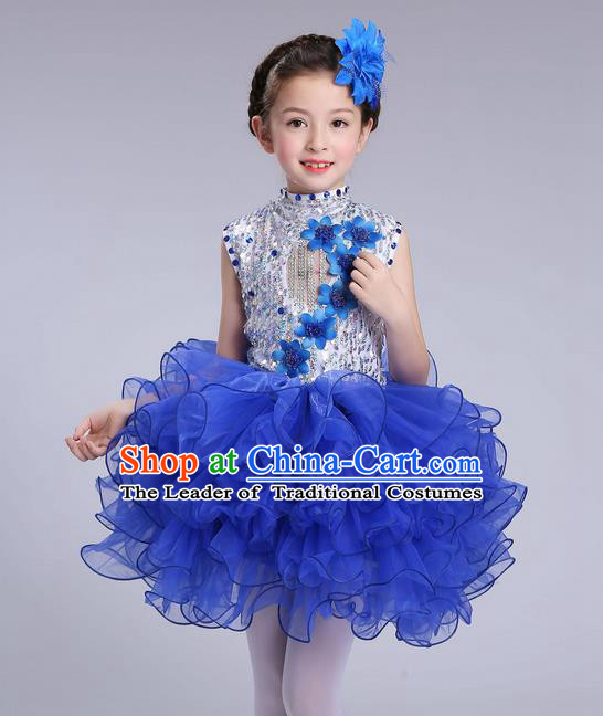 Top Grade Professional Compere Modern Dance Costume, Children Opening Dance Chorus Flowers Uniforms Princess Blue Bubble Dress for Girls